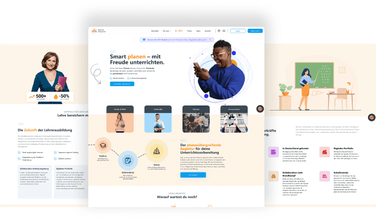 Verschiedene Grafiken, die den Webauftritt von Beyond Education zeigen